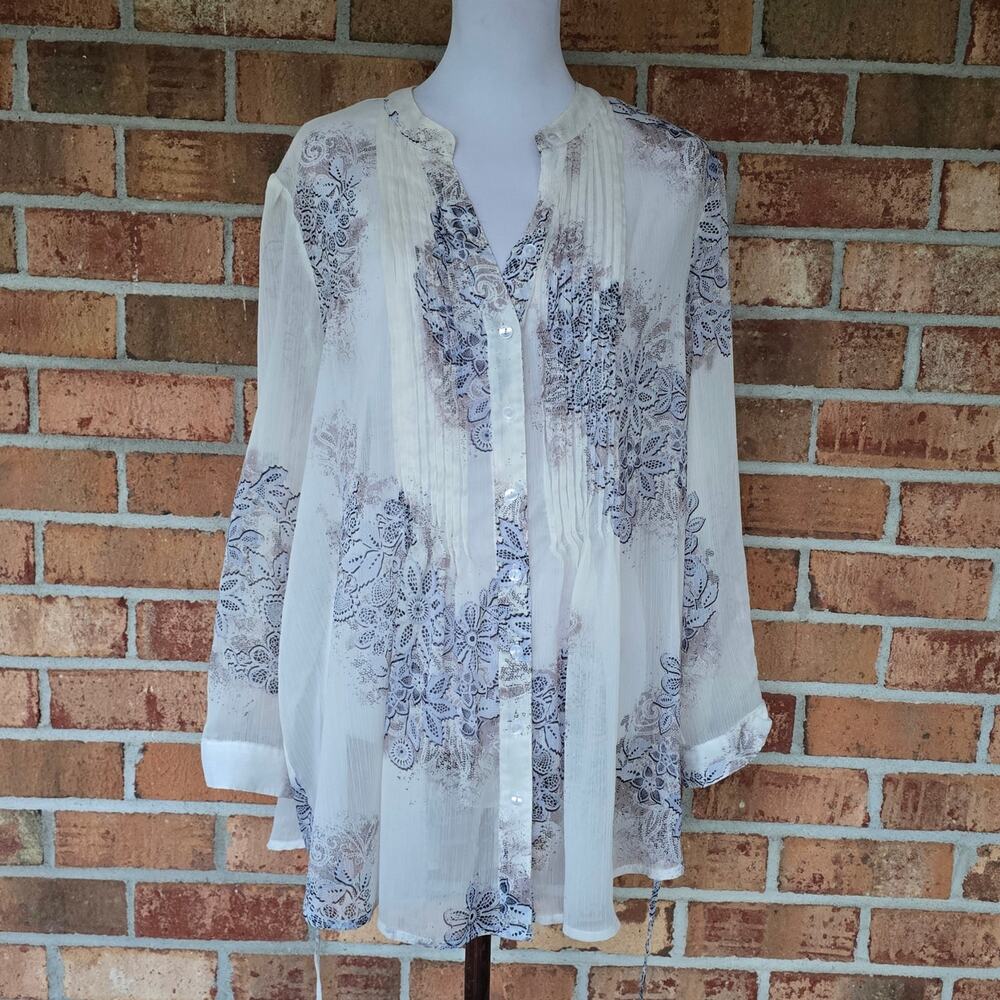 2X Semi Sheer Blouse American Rag Floral Lace Print Top Convertible Sleeve VNeck